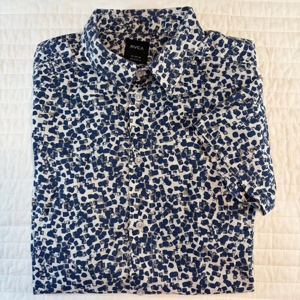 RVCA Blue White Abstract Geometric Short Sleeve Button Down Shirt Mens Medium